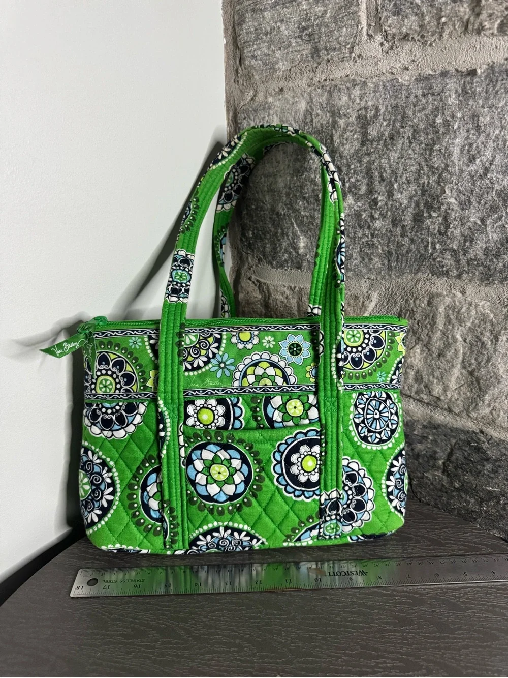 Vera Bradley Bright Green Quilted Tote with Medallion Floral Print
